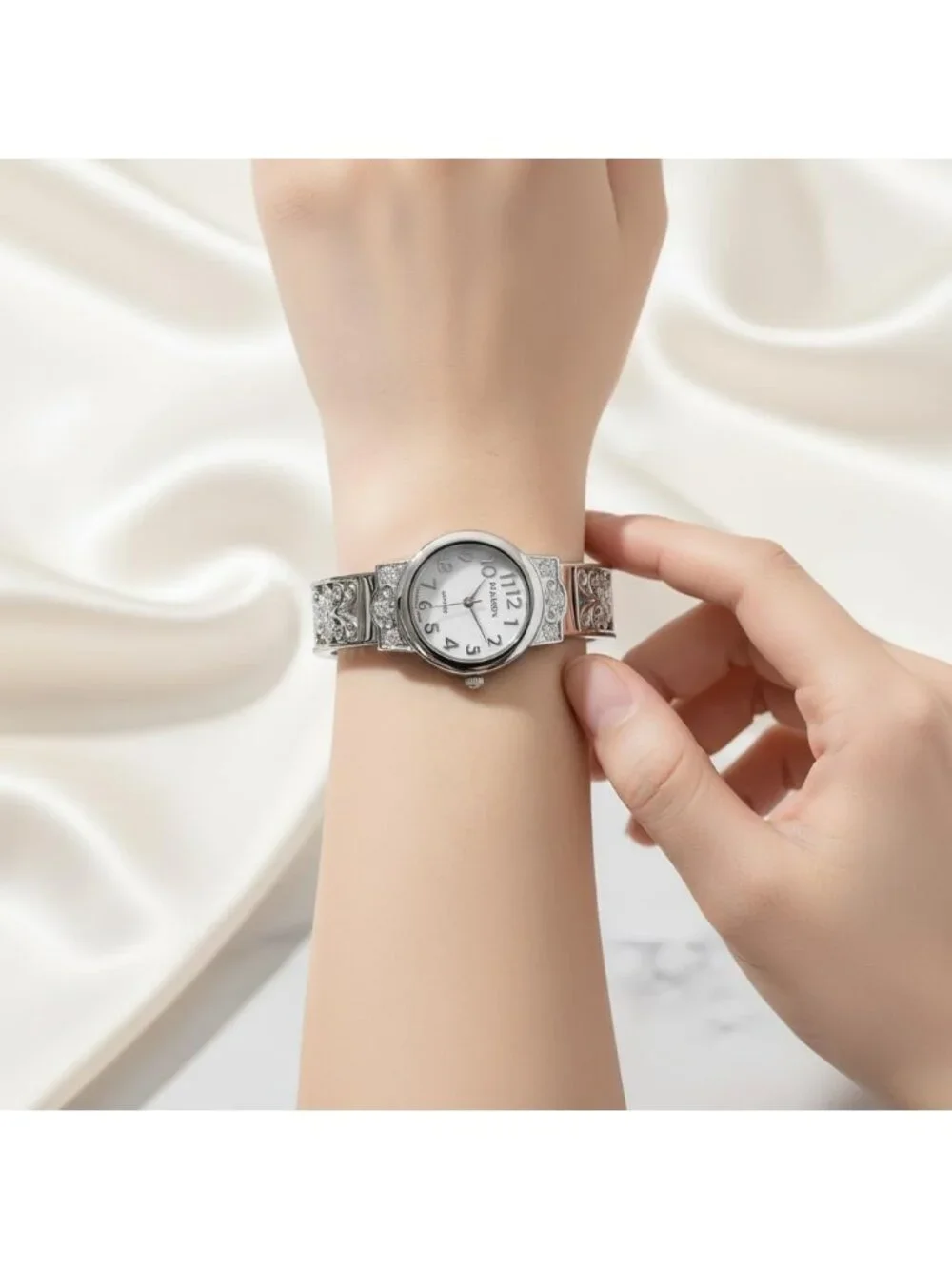 Women's Silver Japanese Quart 28mm Case Elegantly Designed Cuff Bangle Watch